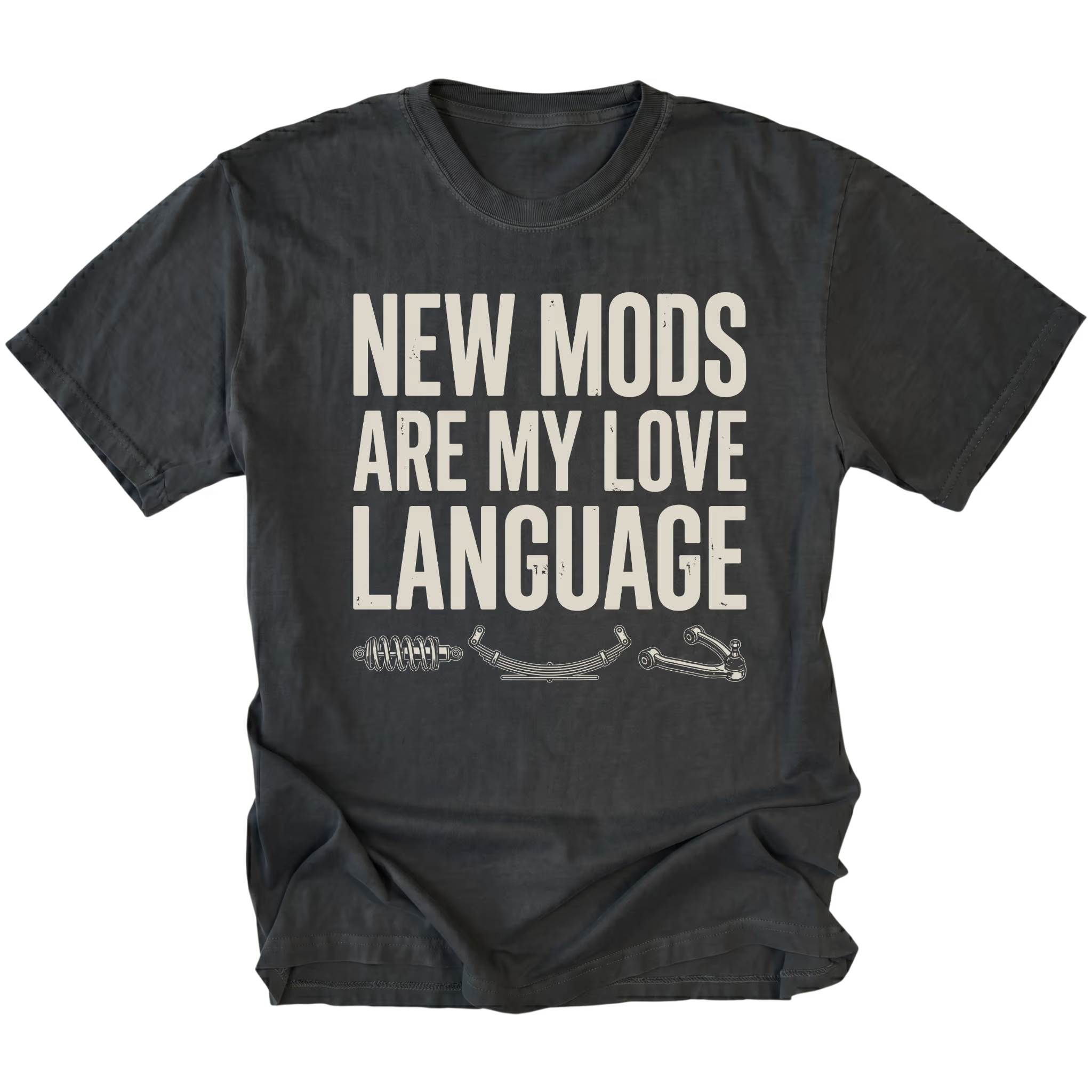 Black t-shirt with distressed white text reading New Mods Are My Love Language and small suspension component illustrations underneath.