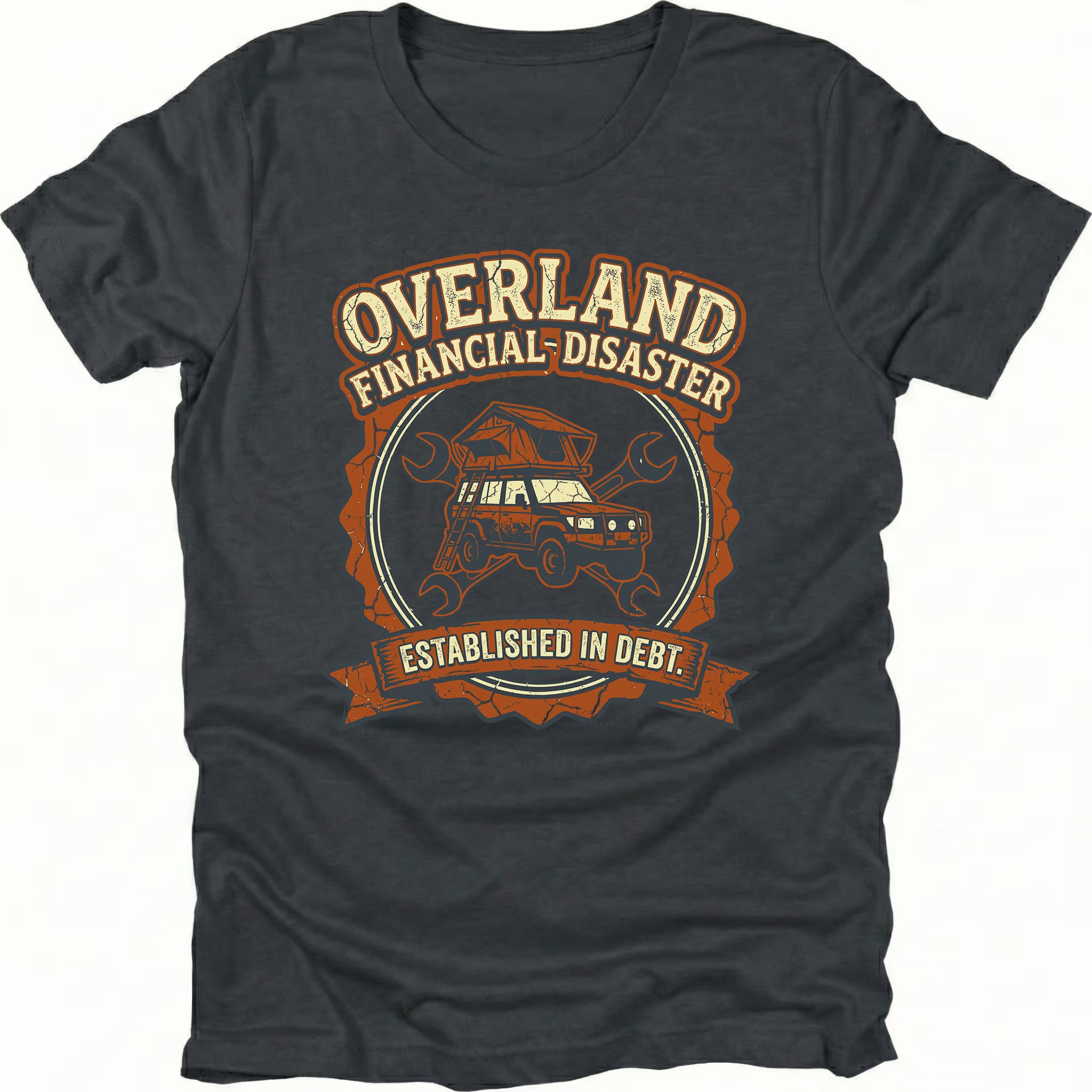 Black T-Shirt with “Overland Financial Disaster Established in Debt” graphic shown on front view by Trail Snark.