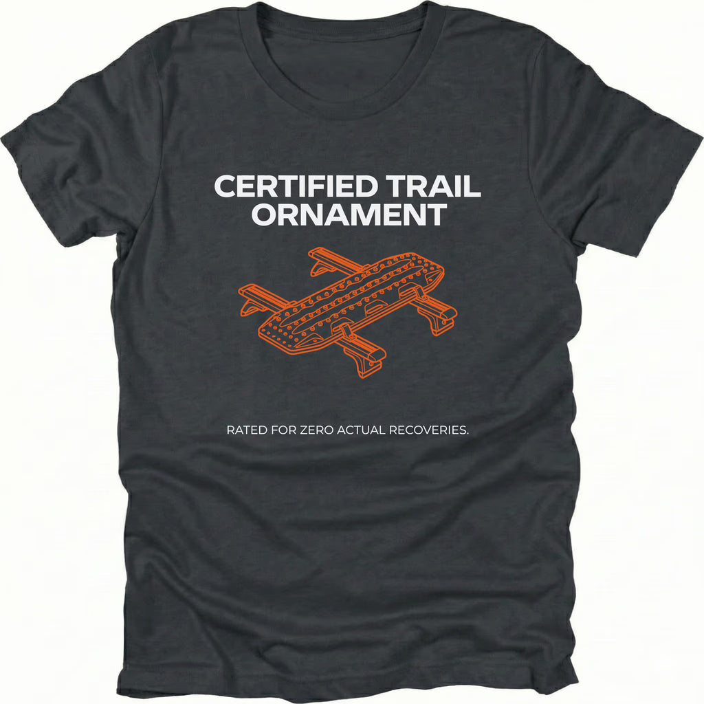 Black t-shirt featuring certified trail ornament recovery board graphic shown from the front by Trail Snark.