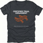 Black t-shirt featuring certified trail ornament recovery board graphic shown from the front by Trail Snark.