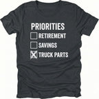Black T-Shirt with Priorities checklist design highlighting truck parts on front view by Trail Snark.