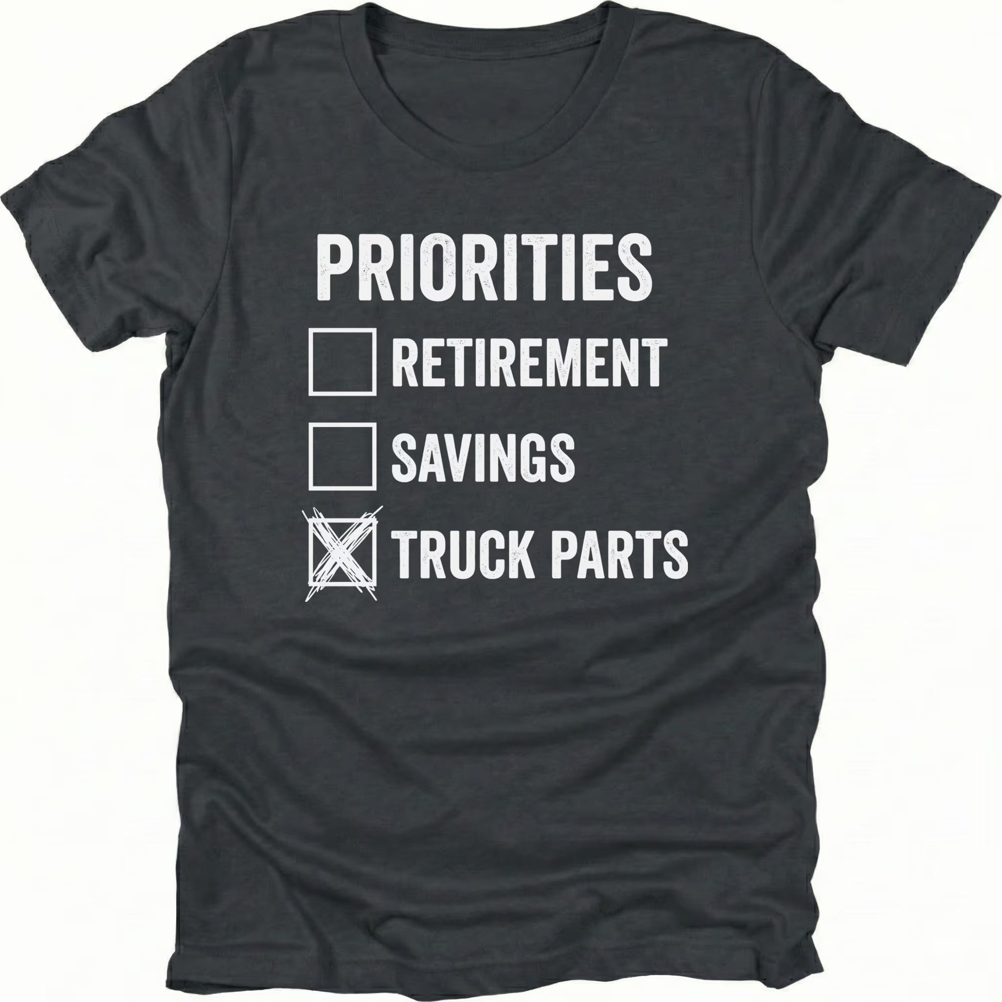 Black T-Shirt with Priorities checklist design highlighting truck parts on front view by Trail Snark.