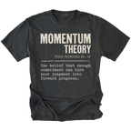 A black t-shirt with a white typewriter-style graphic print that reads 'MOMENTUM THEORY' and a field definition quote underneath, shown on a plain white background.