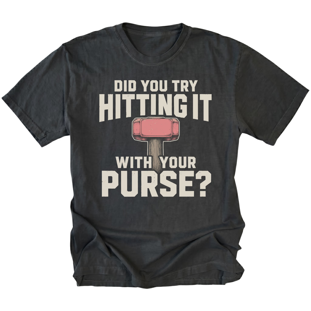 Black t-shirt featuring Did you try hitting it with your purse design on the front by Trail Snark.