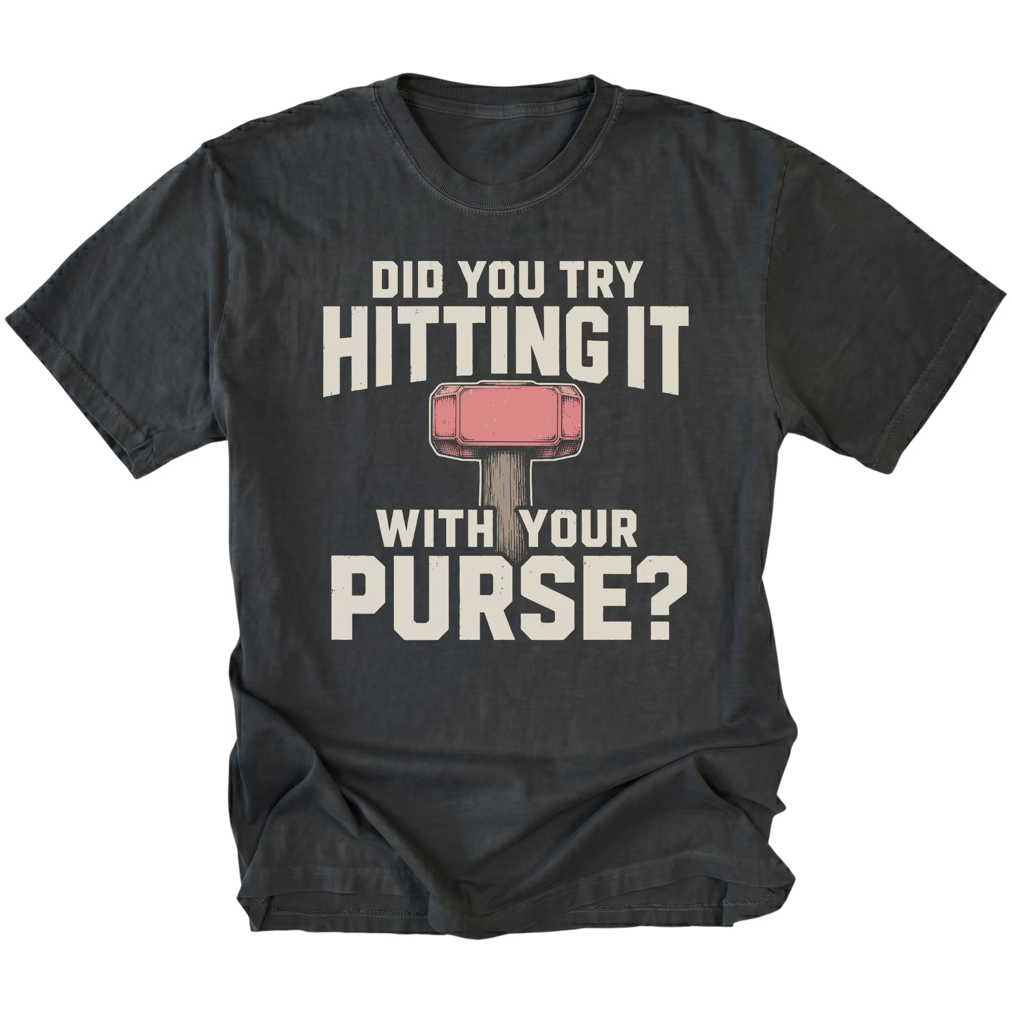 Black t-shirt featuring Did you try hitting it with your purse design on the front by Trail Snark.