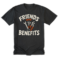 A black graphic t-shirt featuring the text 'FRIENDS WITH BENEFITS' in white arched letters, with a central illustration of wrenches and pliers in orange and silver.