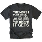 Black T-Shirt featuring The More I Play With It The Bigger It Gets design with three progressively built Jeeps on the front view by Trail Snark.
