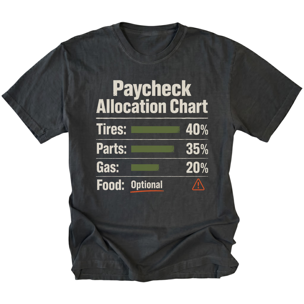 Black T-shirt with a Paycheck Allocation Chart design shown from the front by Trail Snark.