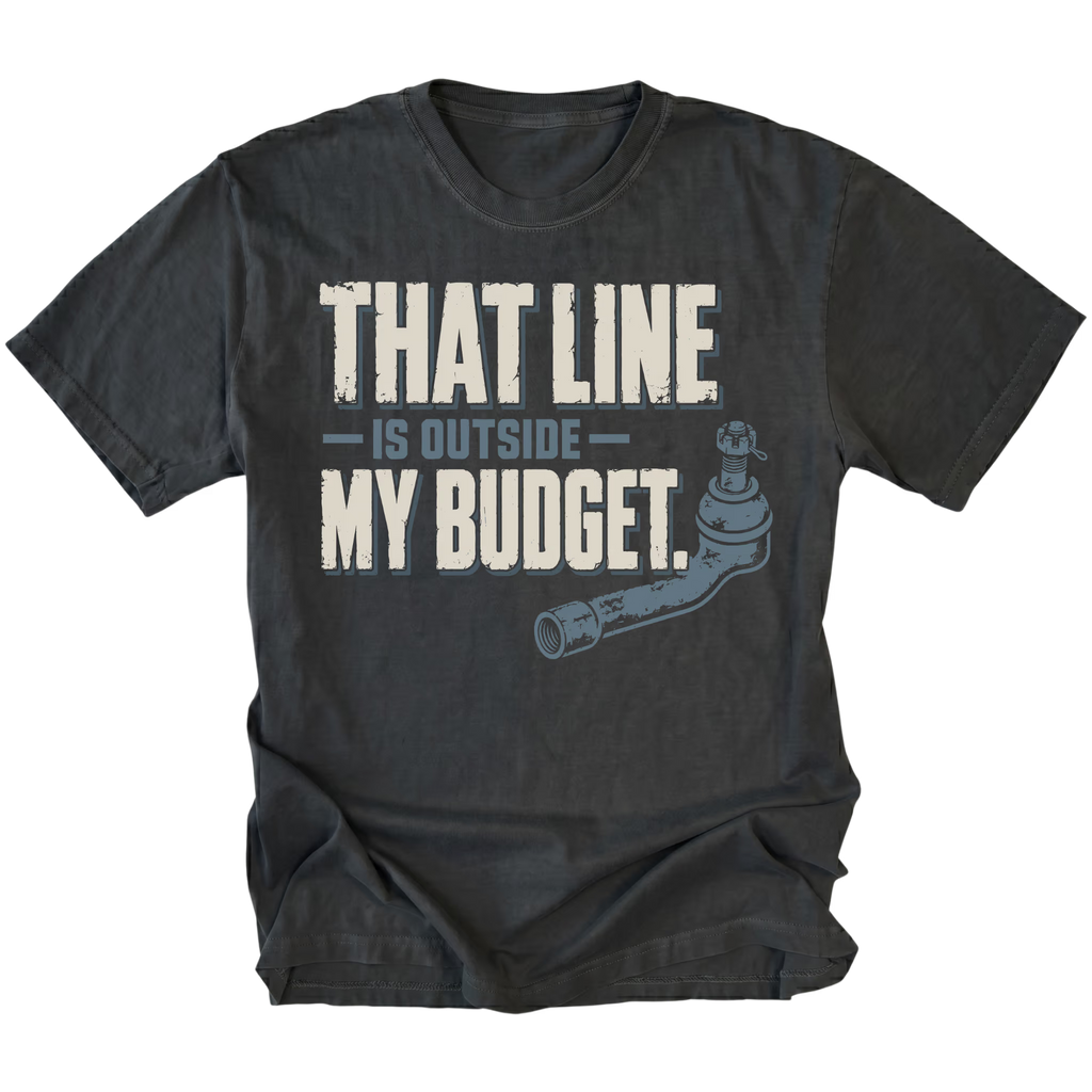 Black T-shirt featuring the Budget Line tie rod design on the front by Trail Snark.