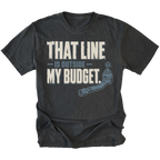 Black T-shirt featuring the Budget Line tie rod design on the front by Trail Snark.