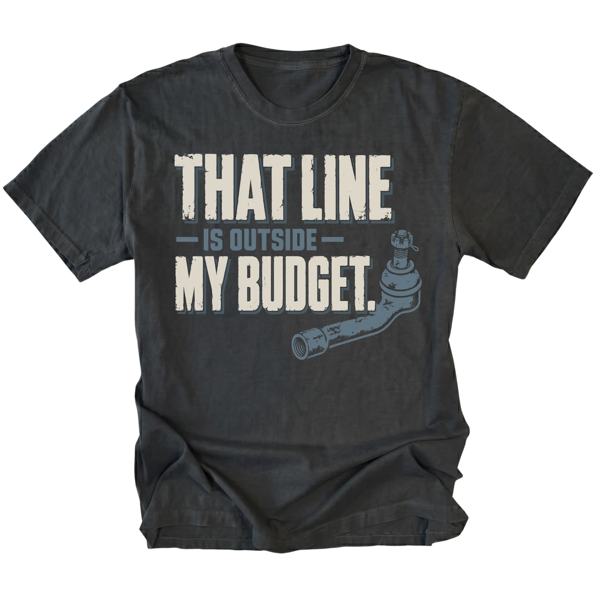 Black T-shirt featuring the Budget Line tie rod design on the front by Trail Snark.
