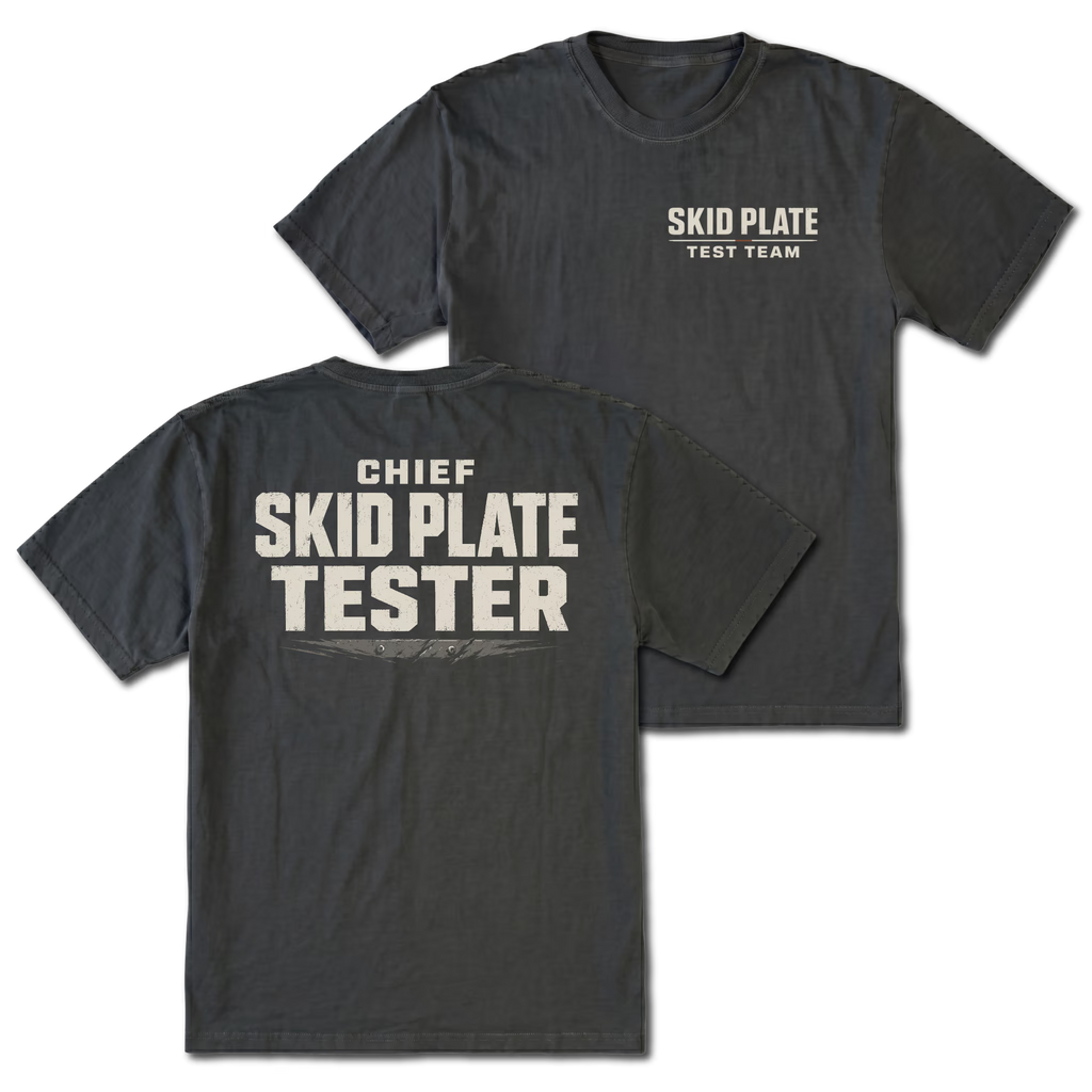 Black T-Shirt with Skid Plate Test Team front design and Chief Skid Plate Tester back design shown by Trail Snark.