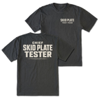 Black T-Shirt with Skid Plate Test Team front design and Chief Skid Plate Tester back design shown by Trail Snark.