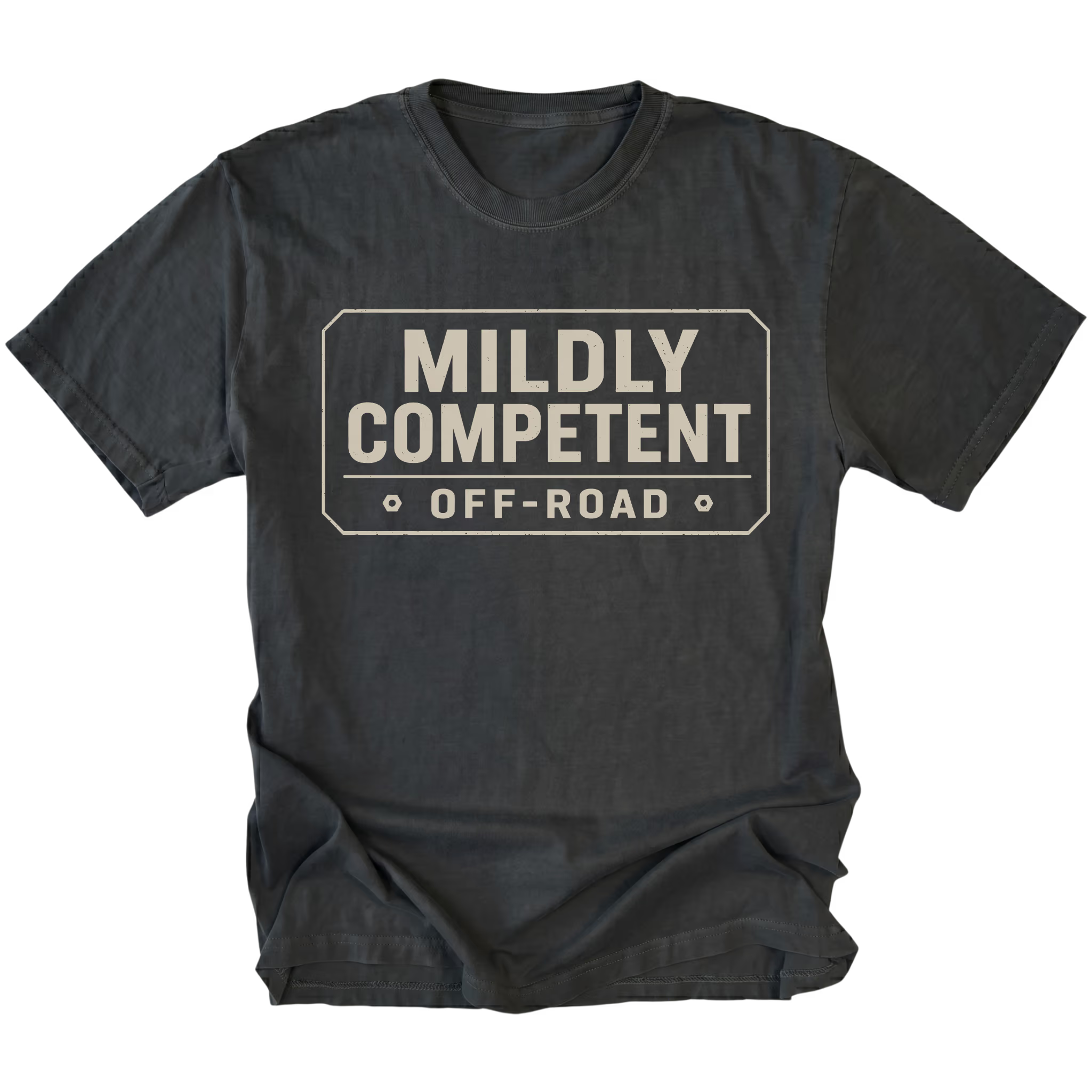 Black T-shirt with a Mildly Competent Off-Road design shown from the front by Trail Snark.