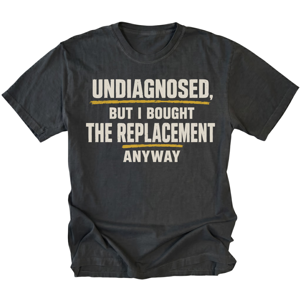 Black t-shirt featuring the Replacement Anyway design on the front by Trail Snark.