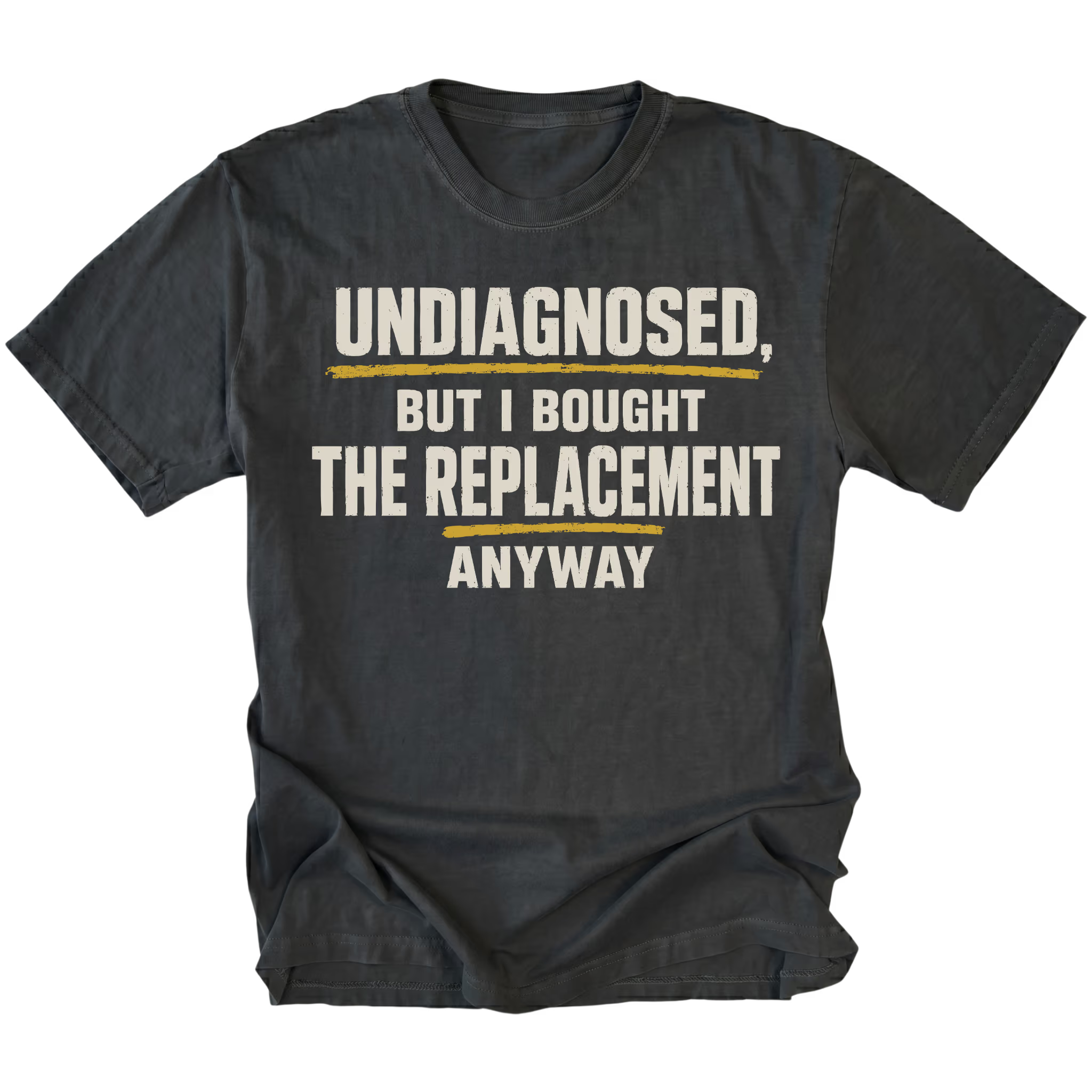 Black t-shirt featuring the Replacement Anyway design on the front by Trail Snark.