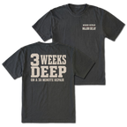 Black T-shirt with 3 Weeks Deep On A 30 Minute Repair back design and Minor Repair Major Delay front chest print by Trail Snark.