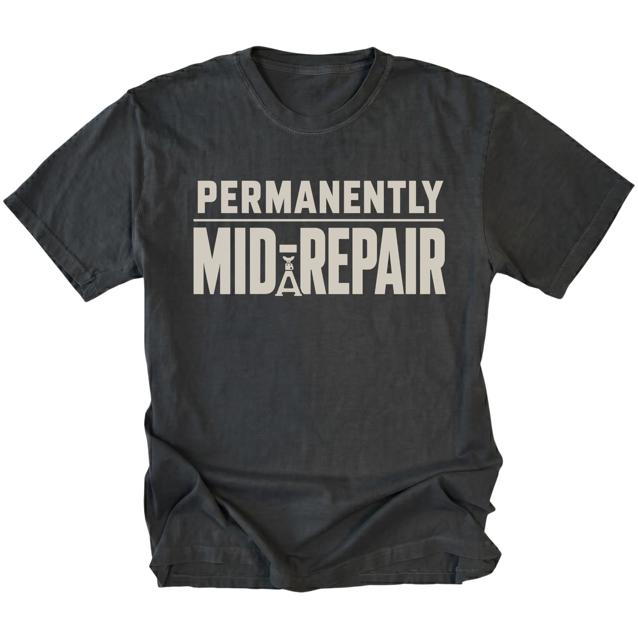 Black T-Shirt featuring the Permanently Mid-Repair design shown in front view by Trail Snark.