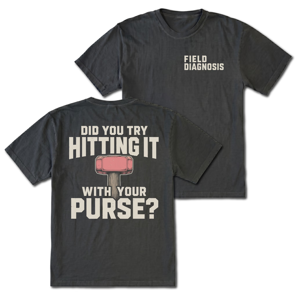 Black t-shirt featuring the Field Diagnosis chest print on the front and the Purse Hammer design on the back by Trail Snark.