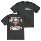 Black t-shirt featuring the Field Diagnosis chest print on the front and the Purse Hammer design on the back by Trail Snark.