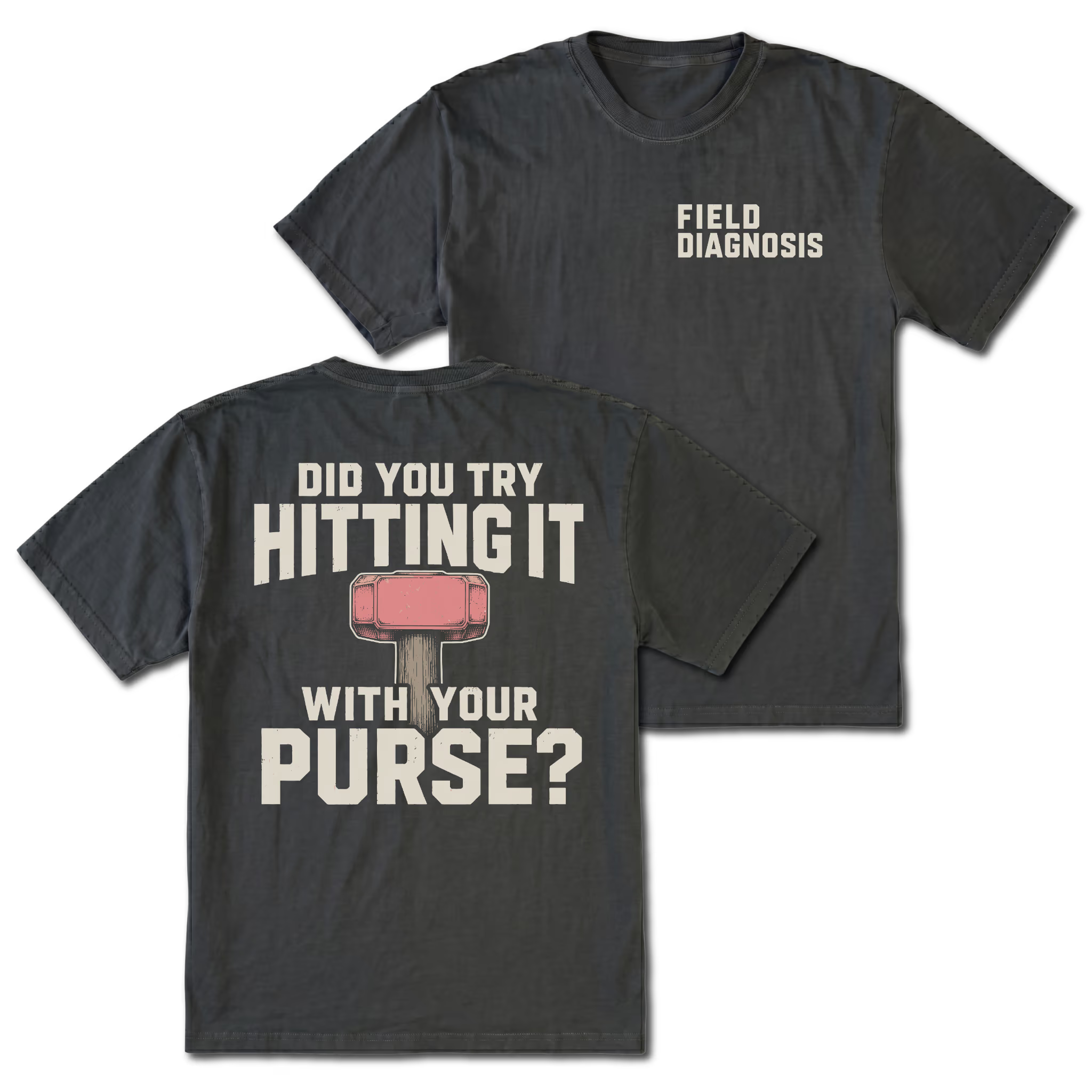 Black t-shirt featuring the Field Diagnosis chest print on the front and the Purse Hammer design on the back by Trail Snark.