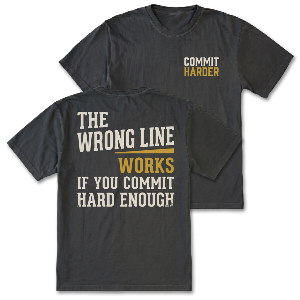 Two black graphic t-shirts shown on a white background, displaying both the front and back designs. The front features a small chest print reading 'COMMIT HARDER' in white and mustard yellow.