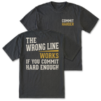Two black graphic t-shirts shown on a white background, displaying both the front and back designs. The front features a small chest print reading 'COMMIT HARDER' in white and mustard yellow.