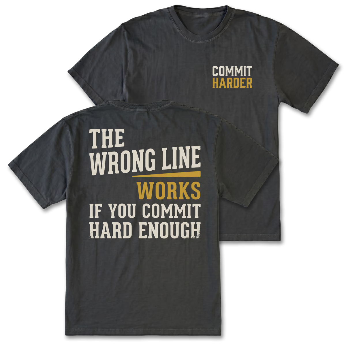 Two black graphic t-shirts shown on a white background, displaying both the front and back designs. The front features a small chest print reading 'COMMIT HARDER' in white and mustard yellow.