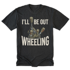 A black t-shirt with a graphic of a manual gear shift console and the text 'I'LL BE OUT WHEELING' in a distressed off-white font, displayed on a solid white background.