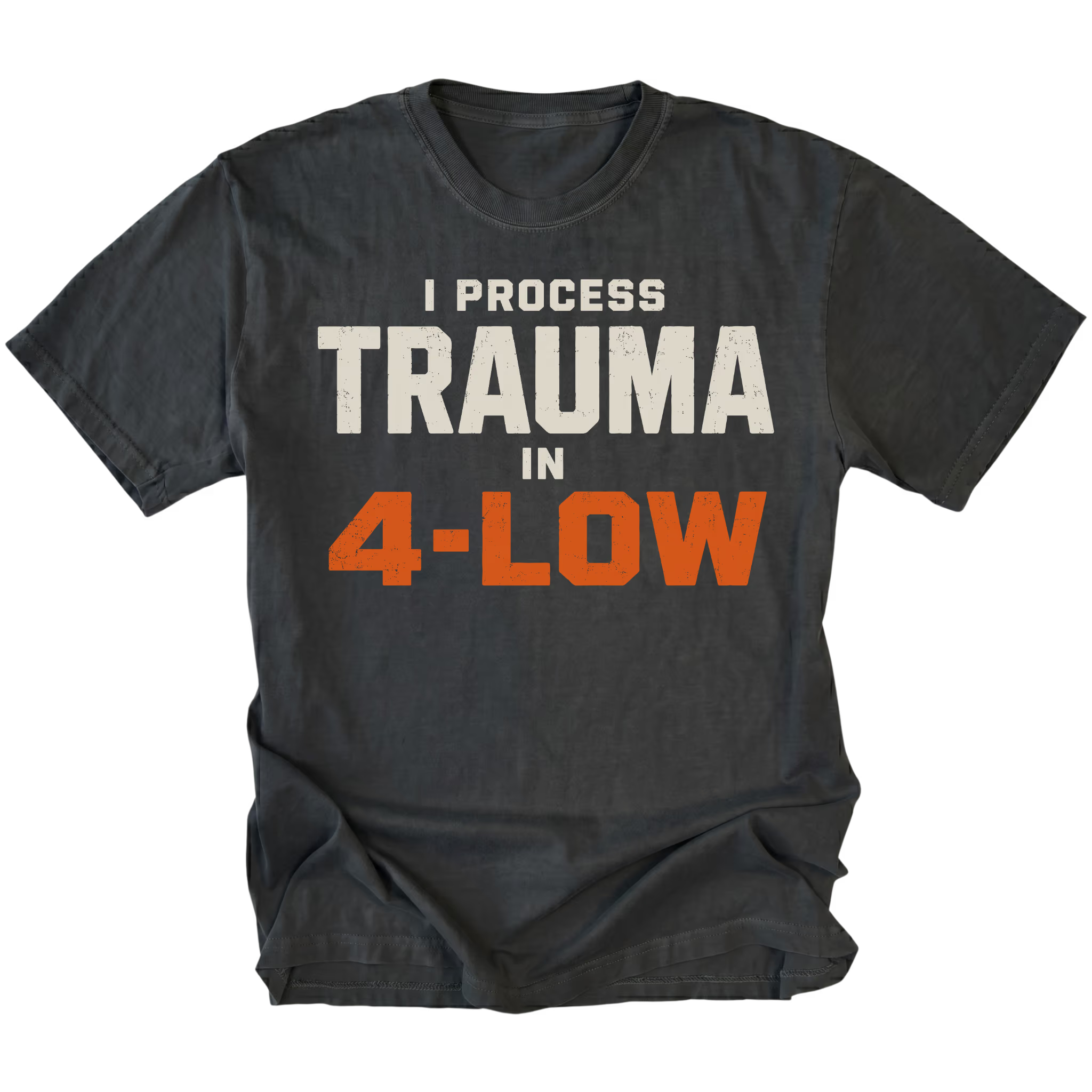 Black t-shirt featuring the 4-Low Trauma design on the front by Trail Snark.