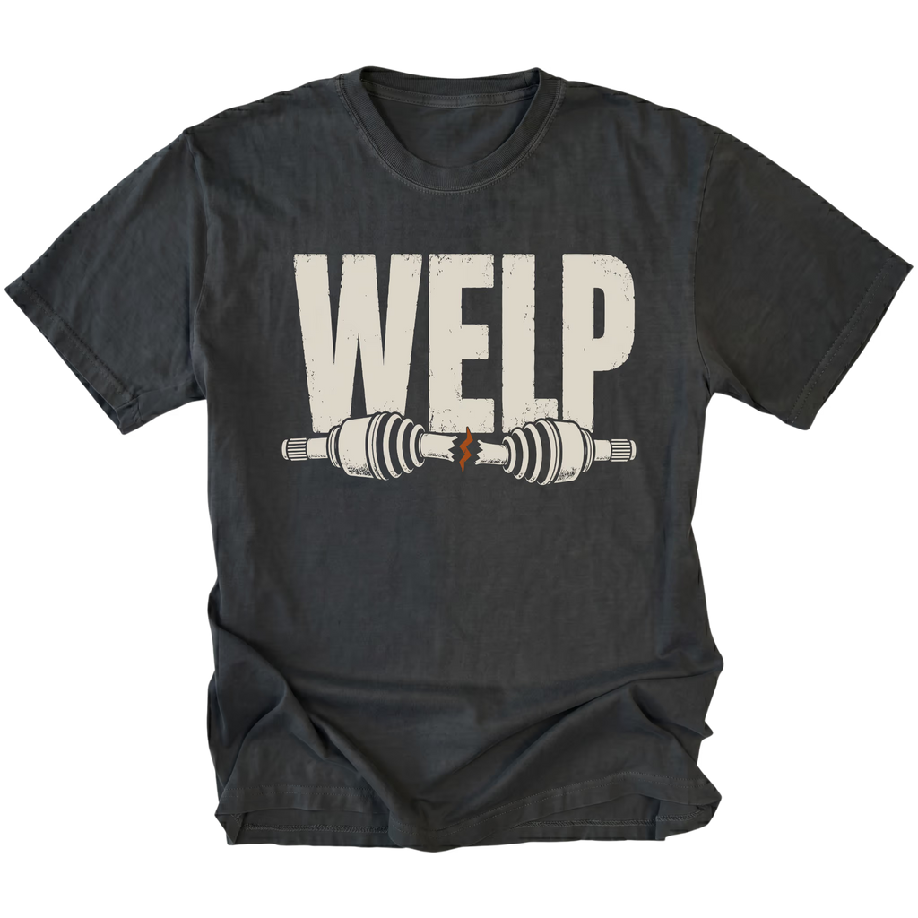 Black T-shirt with Welp broken axle design shown from the front by Trail Snark.