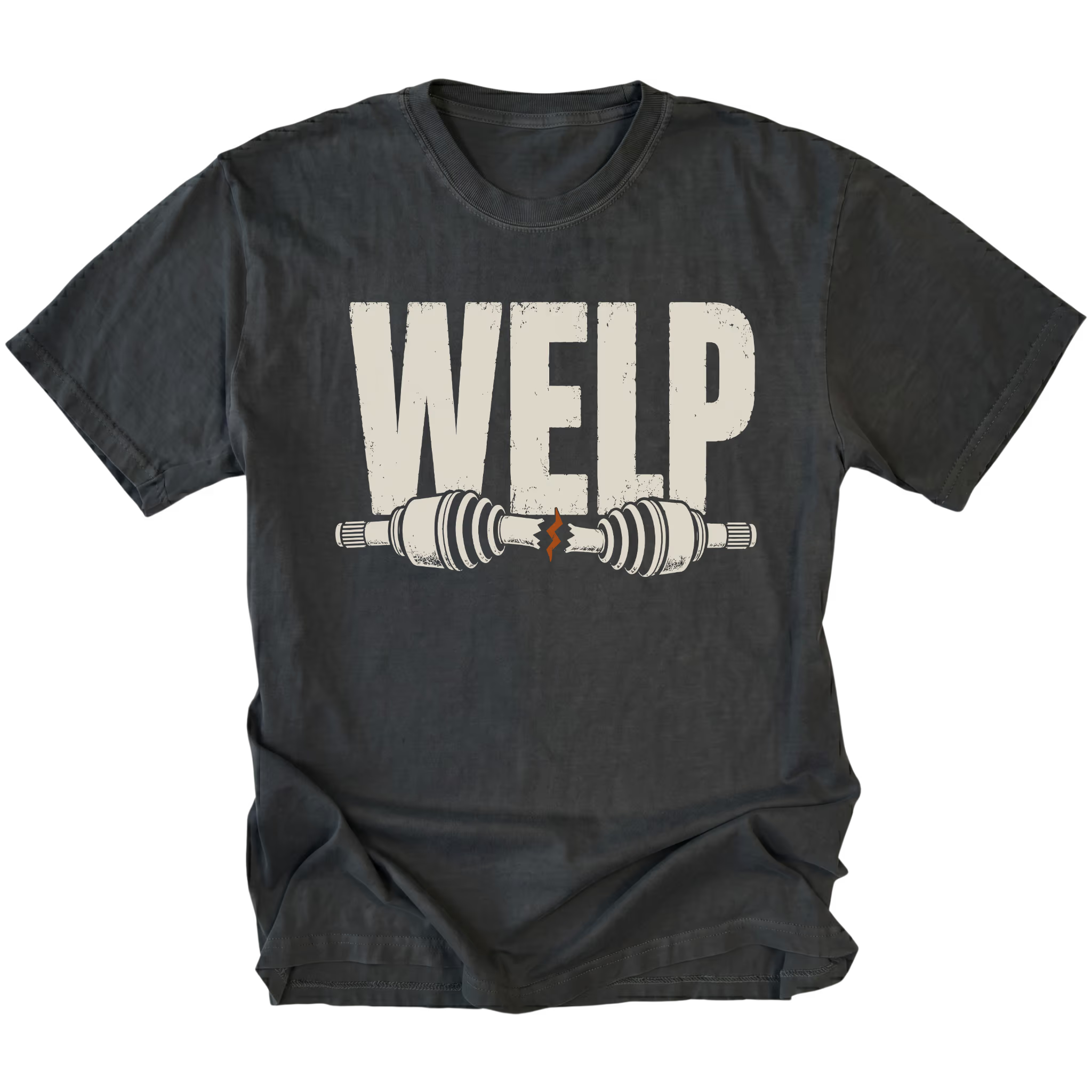 Black T-shirt with Welp broken axle design shown from the front by Trail Snark.