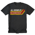 Black Tall Tee featuring the All Grown Up Still Playing in the Dirt design on the front by Trail Snark.