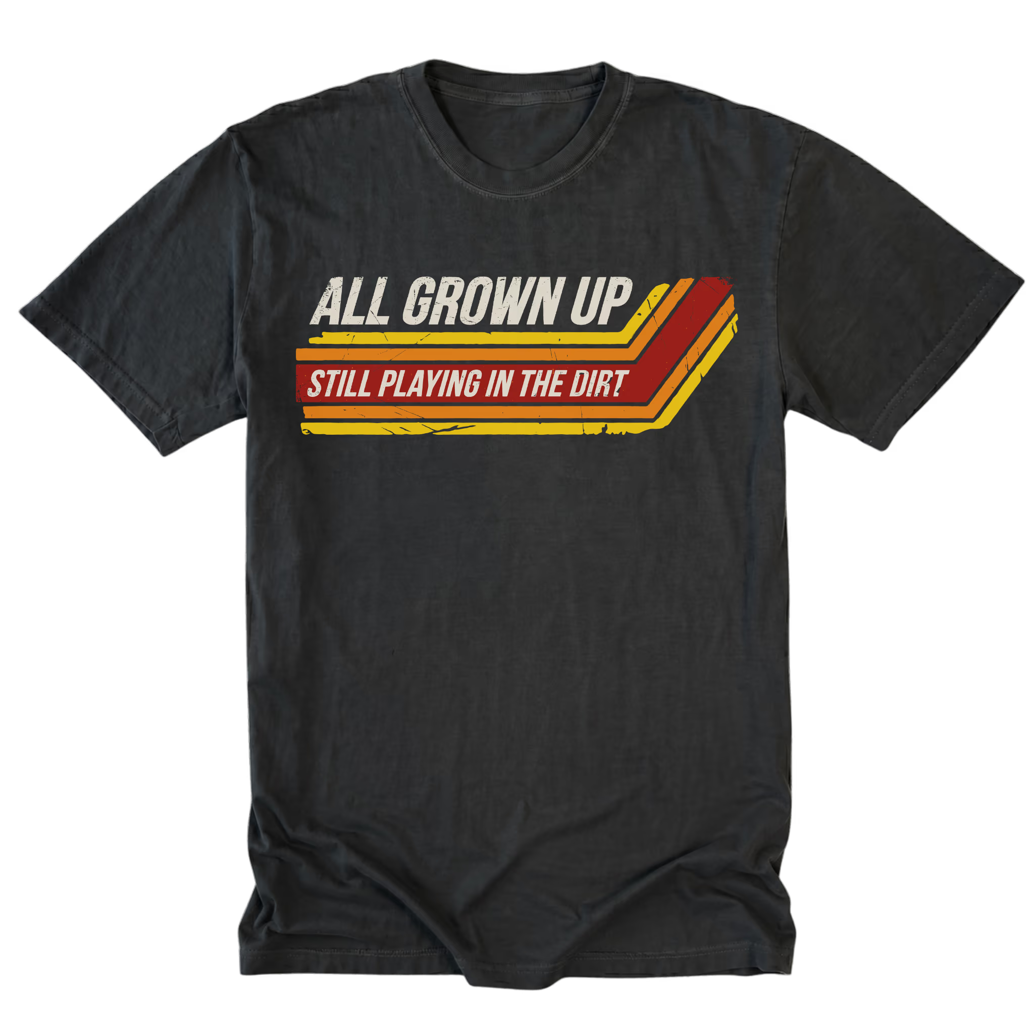Black Tall Tee featuring the All Grown Up Still Playing in the Dirt design on the front by Trail Snark.