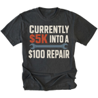 Black T-Shirt featuring the five-thousand-dollar repair design on the front by Trail Snark.