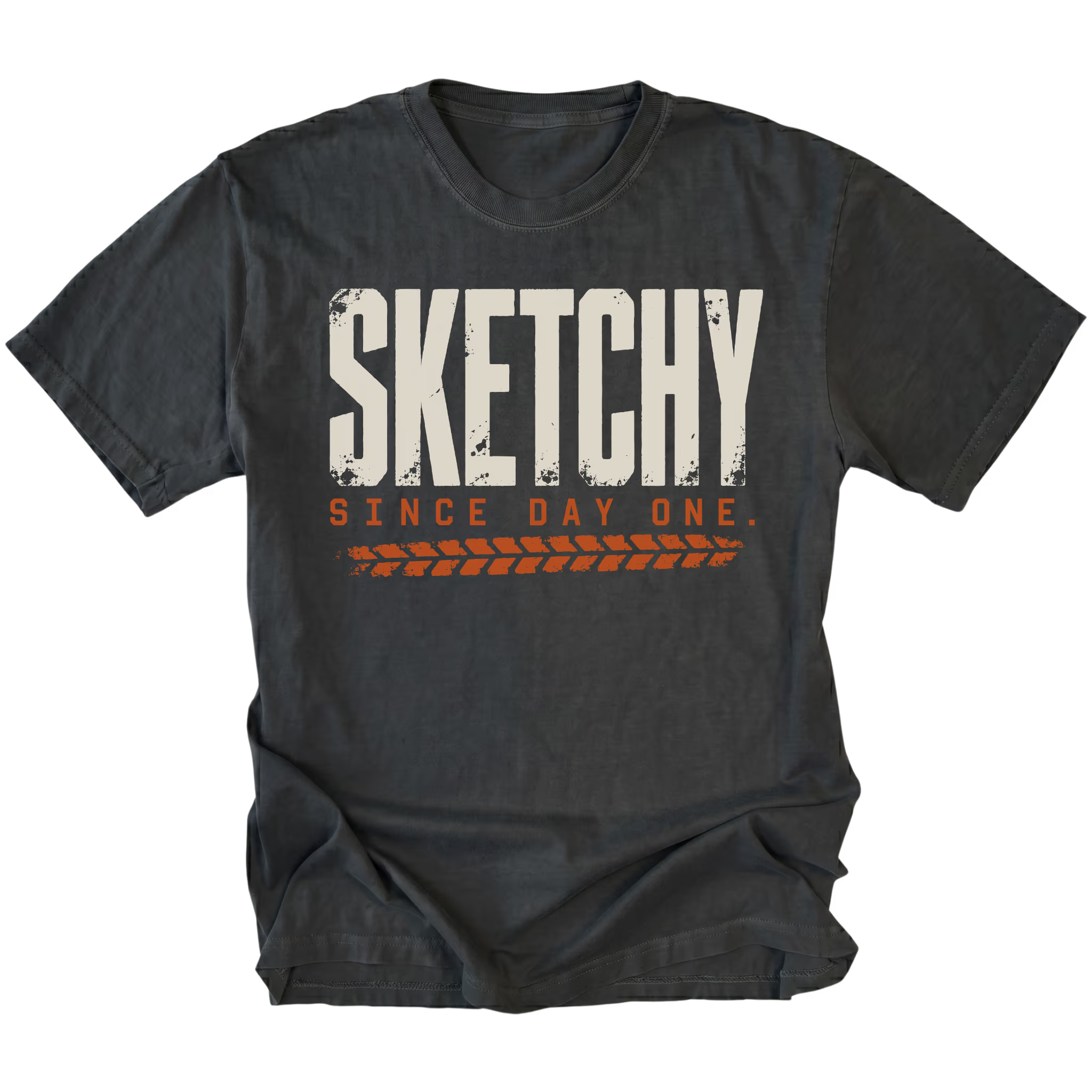 Black T-shirt featuring the Sketchy Since Day One design on the front by Trail Snark.