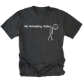 Black T-Shirt with No Wheeling Today text and sad stick figure design on front view by Trail Snark.