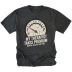 Black t-shirt with distressed fuel gauge graphic pointing near empty and text reading My Therapist Takes Premium with Mental Health Low Fuel by Trail Snark.
