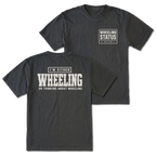 Black T-shirt with I'm Either Wheeling Or Thinking About Wheeling back design and Wheeling Status front chest print by Trail Snark.