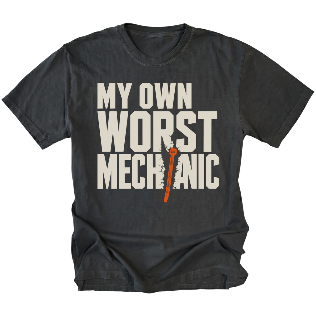 Black T-Shirt featuring the My Own Worst Mechanic design on the front by Trail Snark.