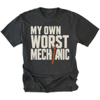 Black T-Shirt featuring the My Own Worst Mechanic design on the front by Trail Snark.