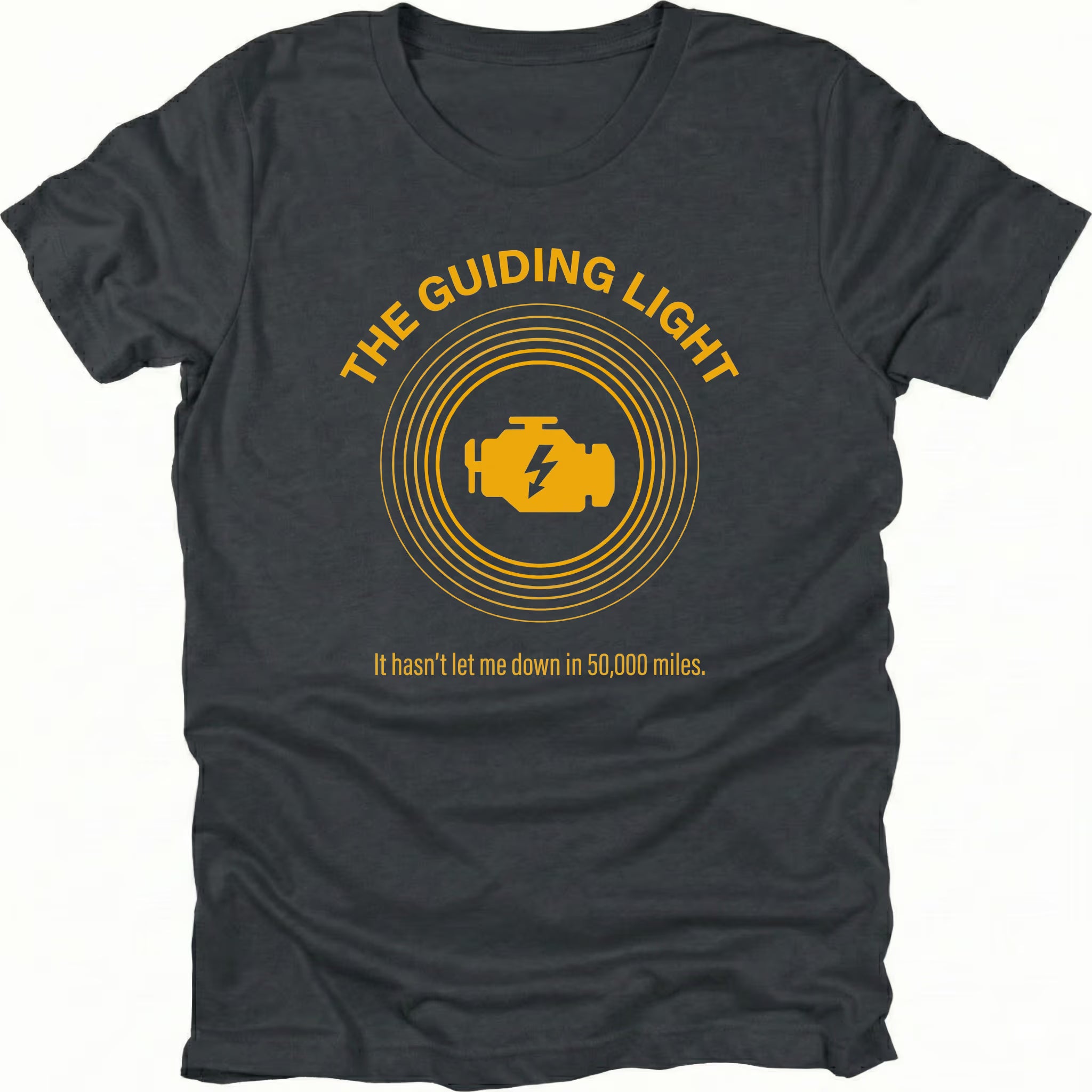 Black T-Shirt with circular graphic and check engine light icon reading “The Guiding Light” shown on front view by Trail Snark.