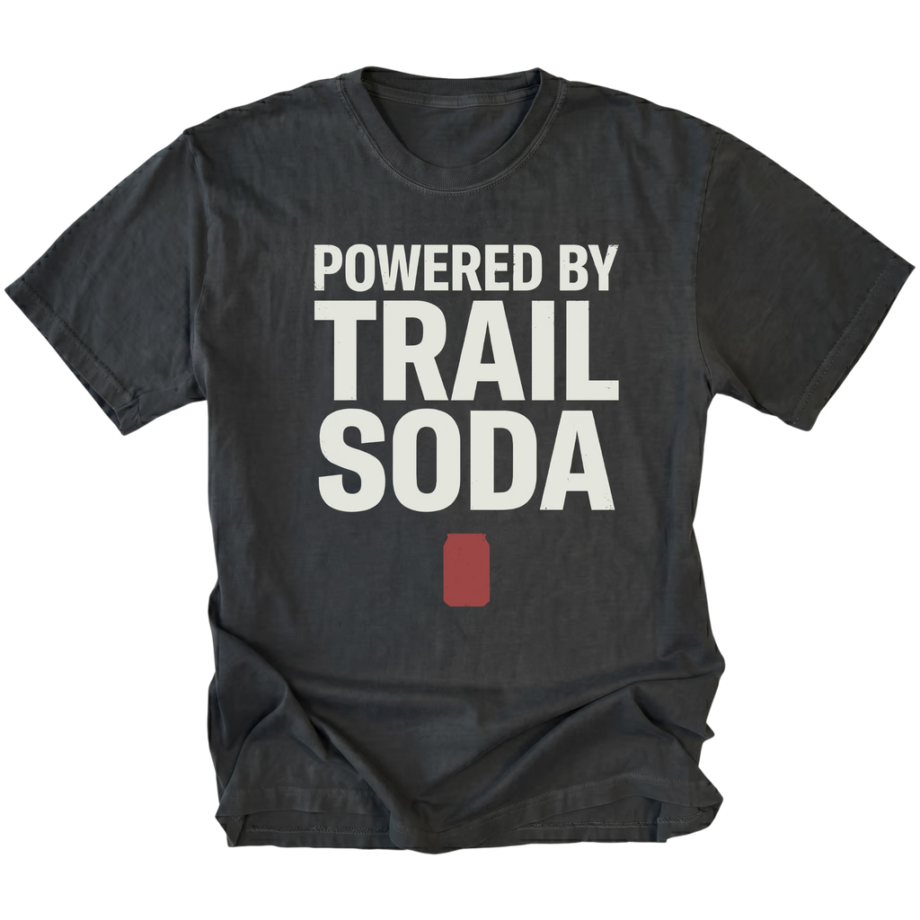 Black T-Shirt featuring the Powered by Trail Soda design with a red can graphic on the front view by Trail Snark.