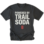 Black T-Shirt featuring the Powered by Trail Soda design with a red can graphic on the front view by Trail Snark.
