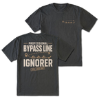 Black T-shirt with Professional Bypass Route Ignorer back design and small trail route front chest print by Trail Snark.