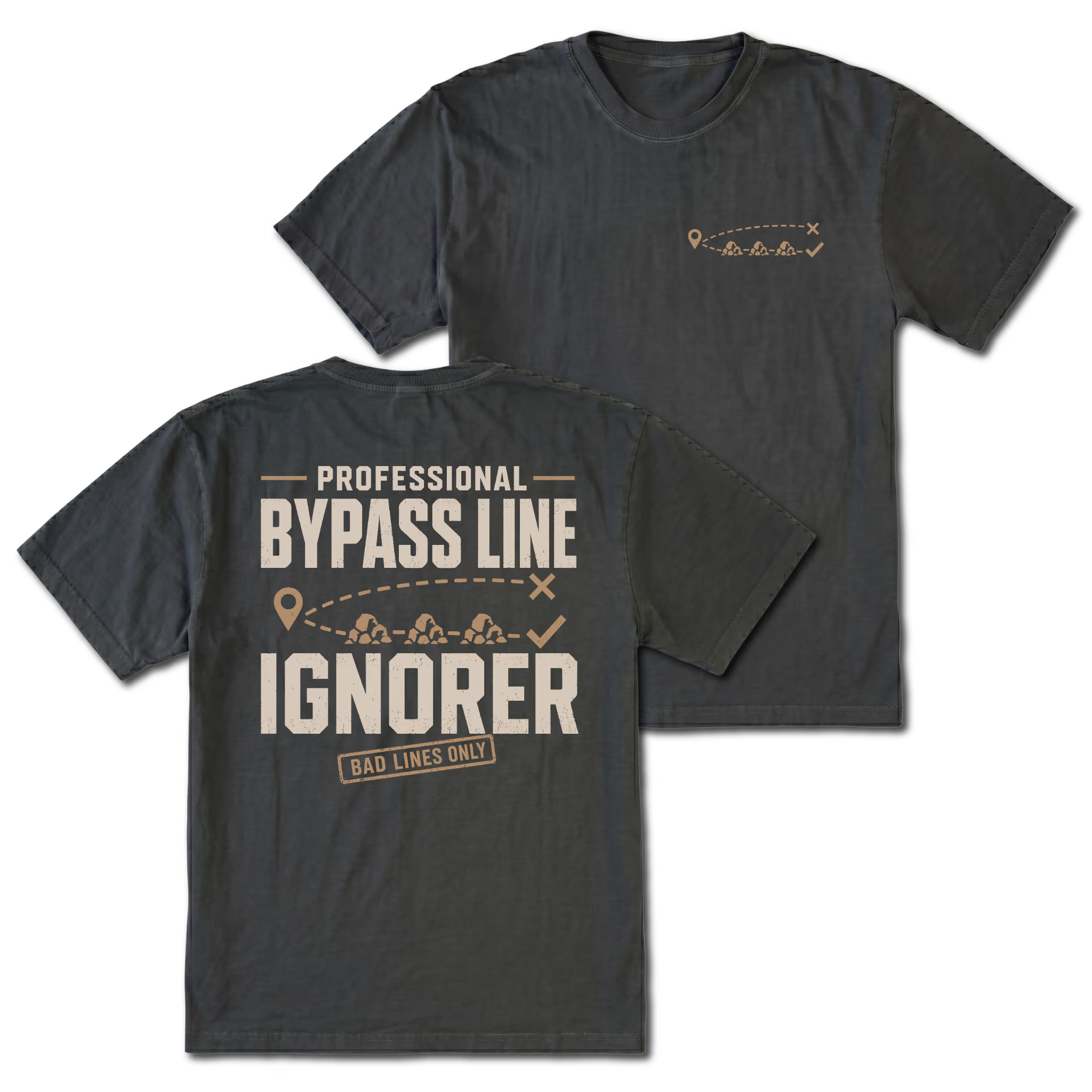 Black T-shirt with Professional Bypass Route Ignorer back design and small trail route front chest print by Trail Snark.