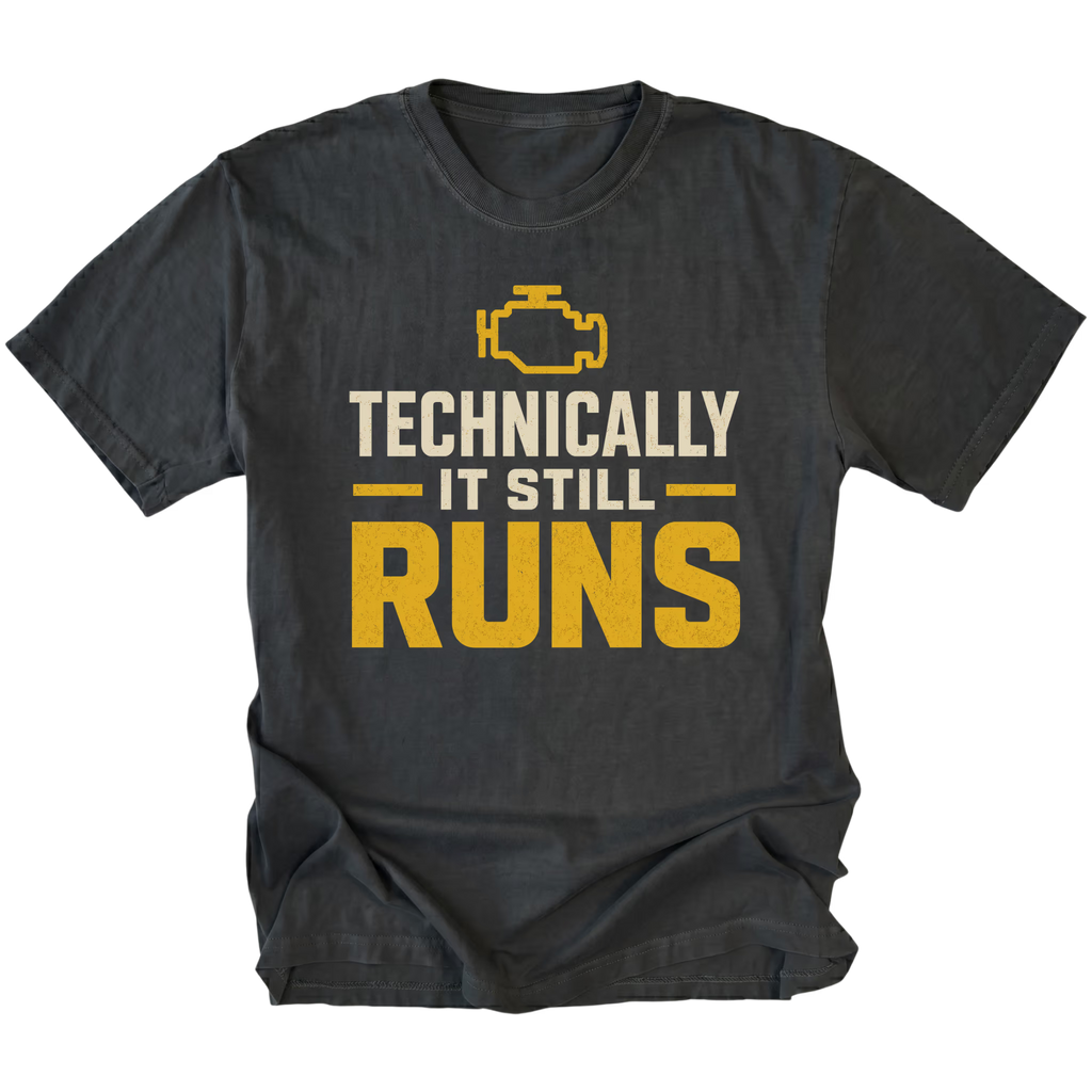 Black T-Shirt featuring the Technically It Still Runs design on the front by Trail Snark.