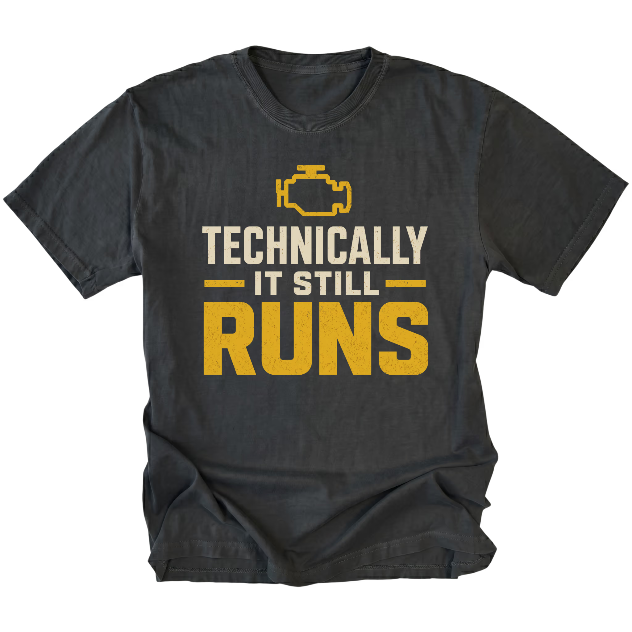 Black T-Shirt featuring the Technically It Still Runs design on the front by Trail Snark.