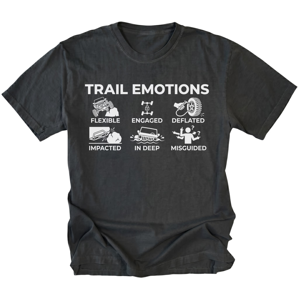 Black t-shirt featuring “Trail Emotions” text with illustrated off-road icons labeled flexible, engaged, deflated, impacted, in deep, and misguided by Trail Snark.