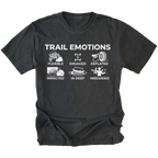 Black t-shirt featuring “Trail Emotions” text with illustrated off-road icons labeled flexible, engaged, deflated, impacted, in deep, and misguided by Trail Snark.